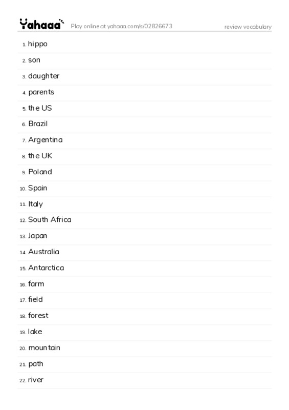 Word list with meanings worksheet for review vocabulary
