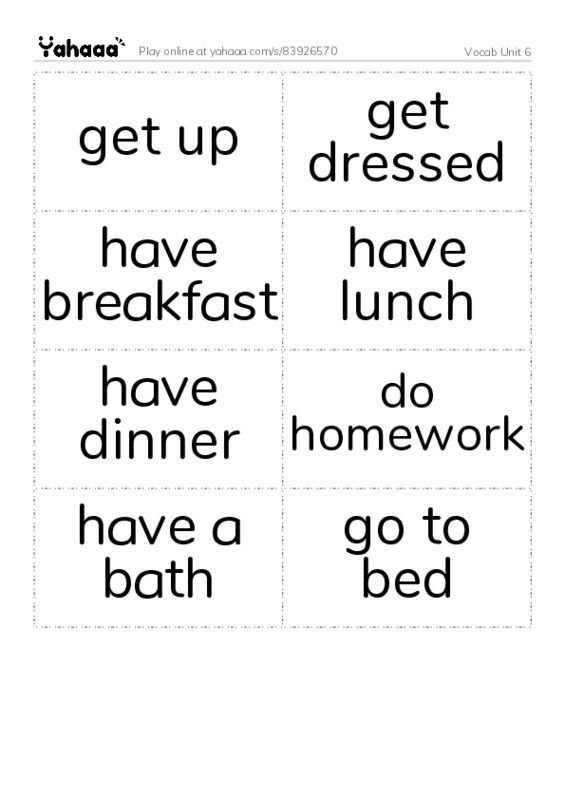 Word flashcards worksheet for Vocab Unit 6