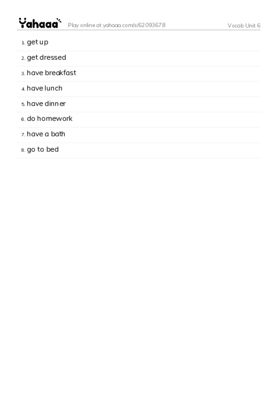 Word list with meanings worksheet for Vocab Unit 6