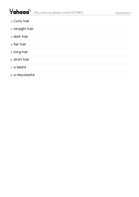 Word list with meanings worksheet for Appearance