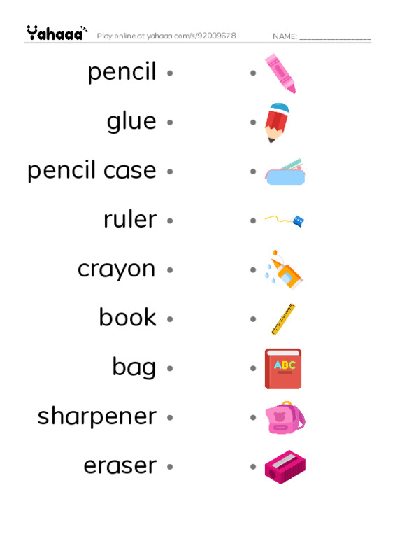 Draw a line to match worksheet for School things