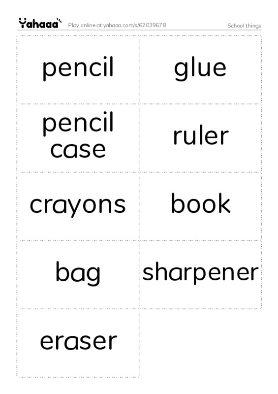 Word flashcards worksheet for School things