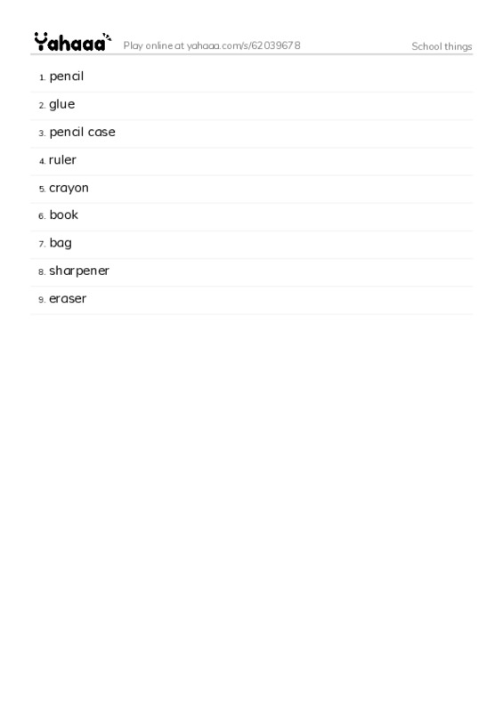 Word list with meanings worksheet for School things