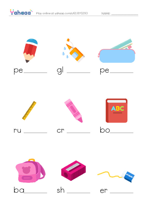Finish the word worksheet for School things