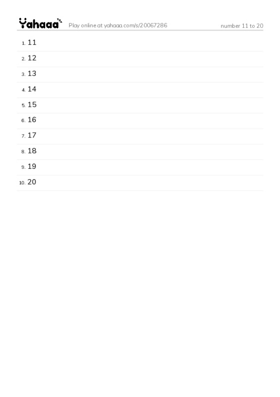 Word list with meanings worksheet for number 11 to 20