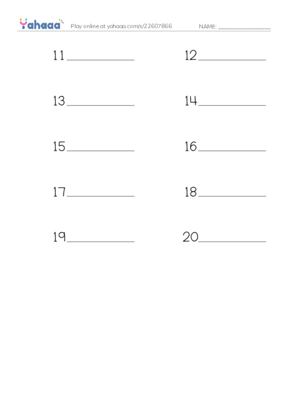 Write the word rows worksheet for number 11 to 20