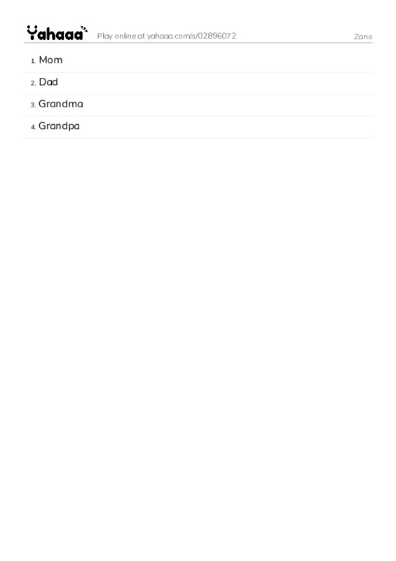 Word list with meanings worksheet for Zano