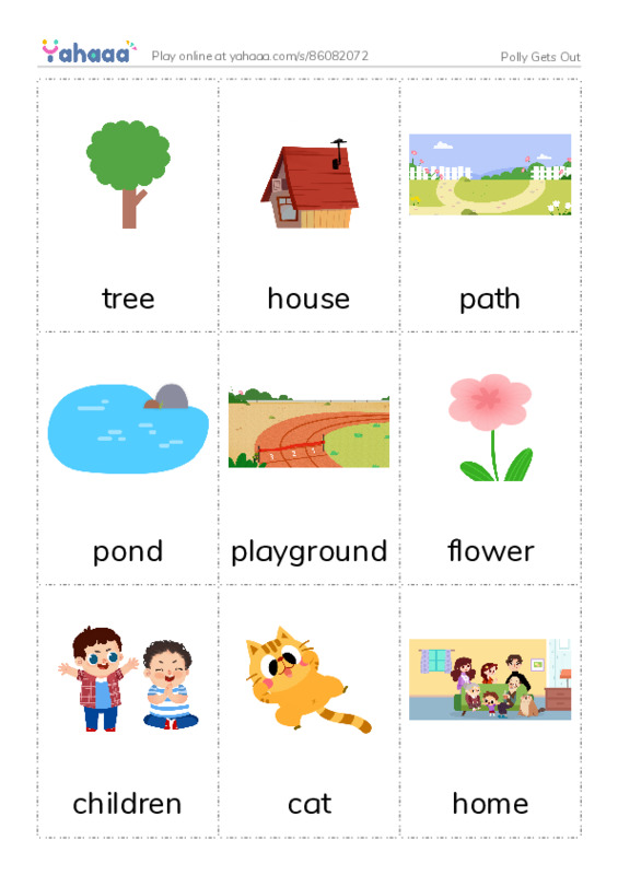 Picture flashcards worksheet for Polly Gets Out