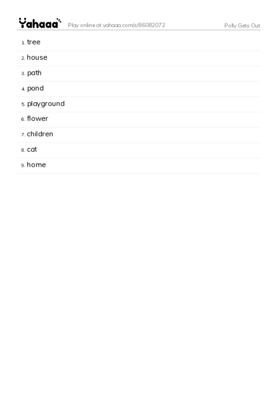 Word list with meanings worksheet for Polly Gets Out