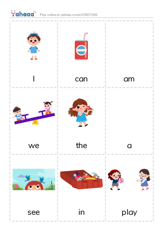 Picture flashcards worksheet for I, can, am and 8 more