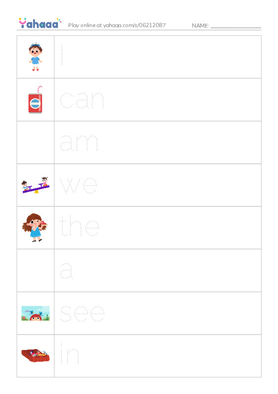 Picture and word rows worksheet for I, can, am and 8 more