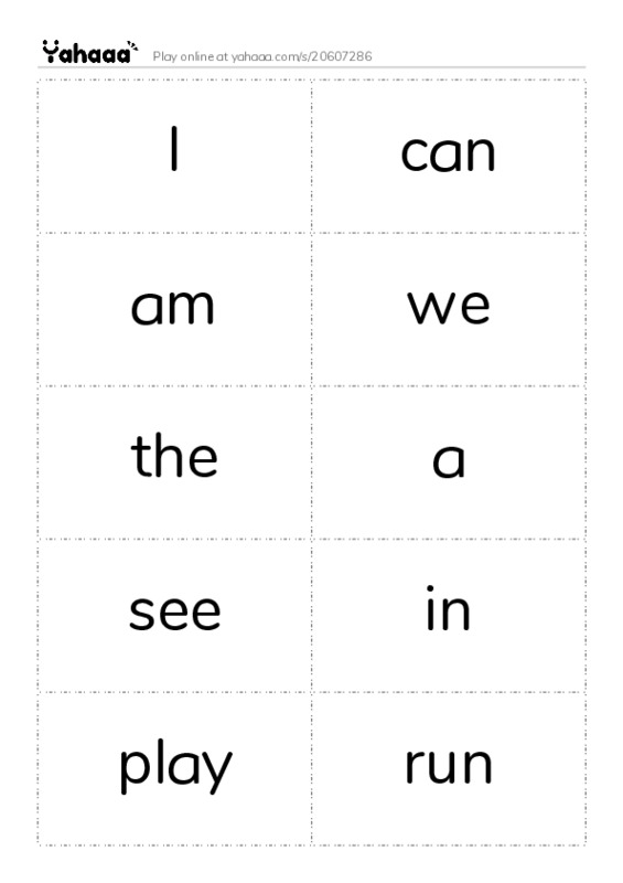 Word flashcards worksheet for I, can, am and 8 more