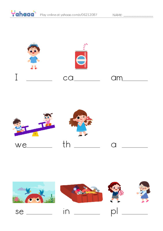 Finish the word worksheet for I, can, am and 8 more