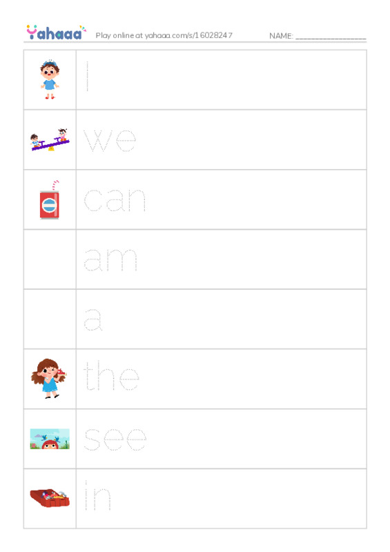 Picture and word rows worksheet for I, we, can and 8 more
