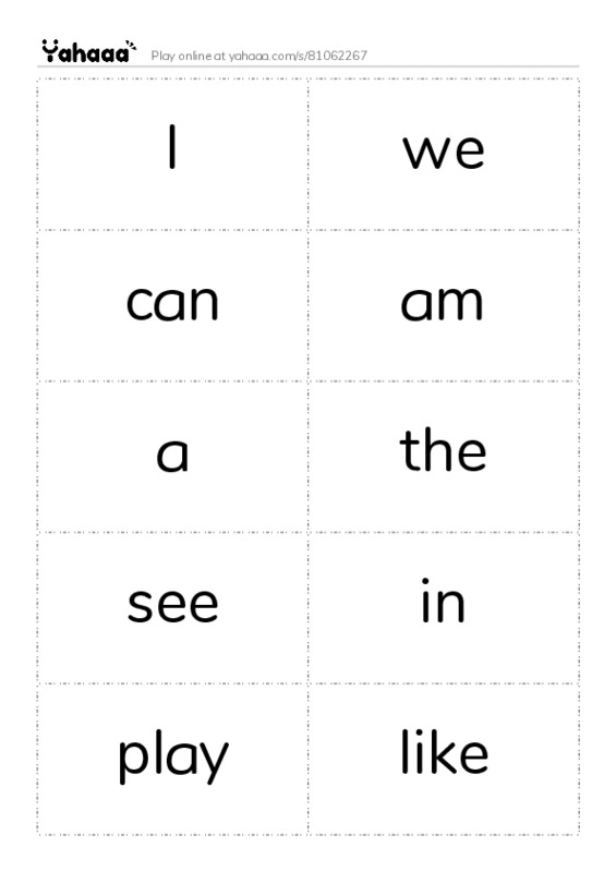 Word flashcards worksheet for I, we, can and 8 more