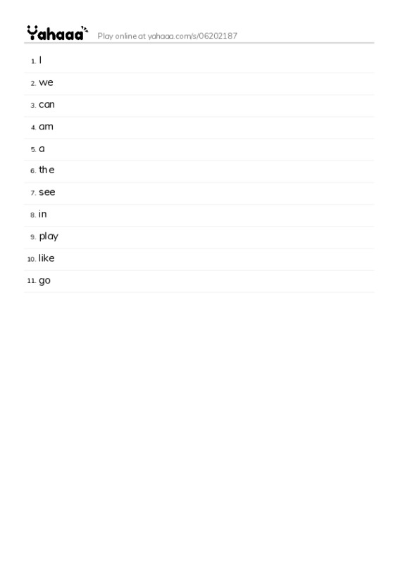 Word list with meanings worksheet for I, we, can and 8 more