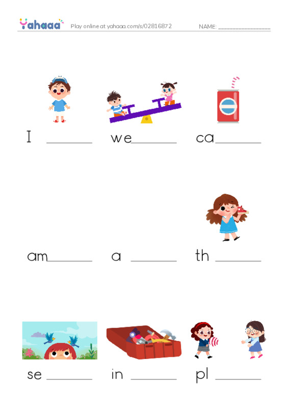 Finish the word worksheet for I, we, can and 8 more