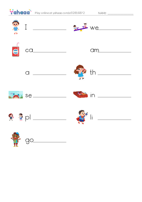Write the word rows worksheet for I, we, can and 8 more