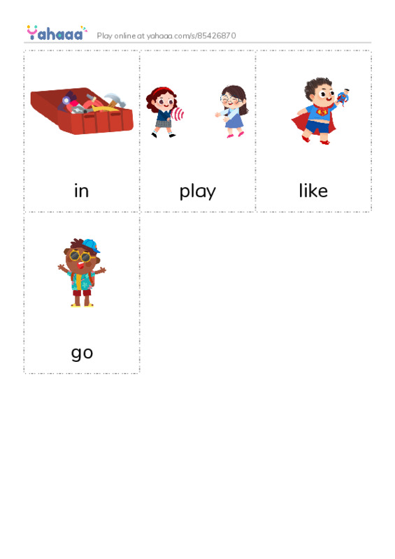 Picture flashcards worksheet for in, play, like and 1 more