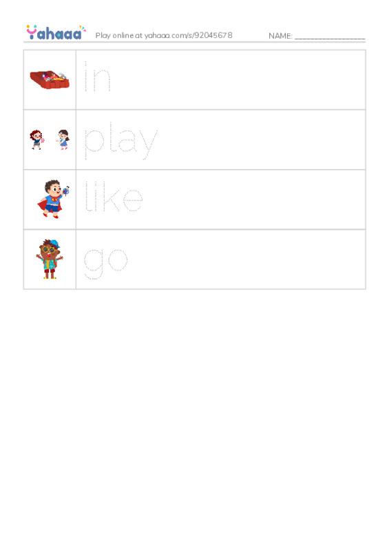 Picture and word rows worksheet for in, play, like and 1 more