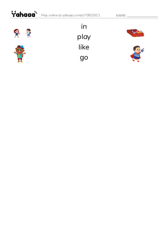 Match both sides worksheet for in, play, like and 1 more