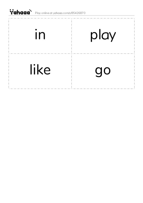 Word flashcards worksheet for in, play, like and 1 more