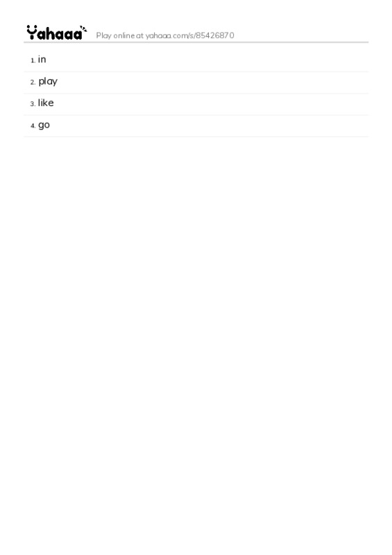 Word list with meanings worksheet for in, play, like and 1 more