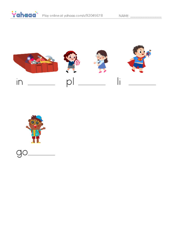 Finish the word worksheet for in, play, like and 1 more