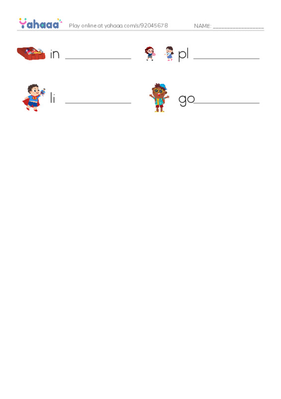 Write the word rows worksheet for in, play, like and 1 more