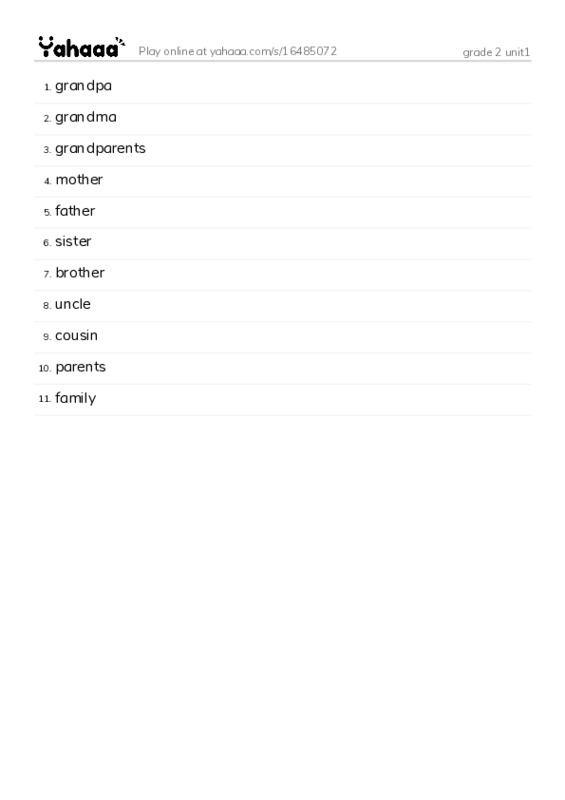 Word list with meanings worksheet for grade 2 unit1