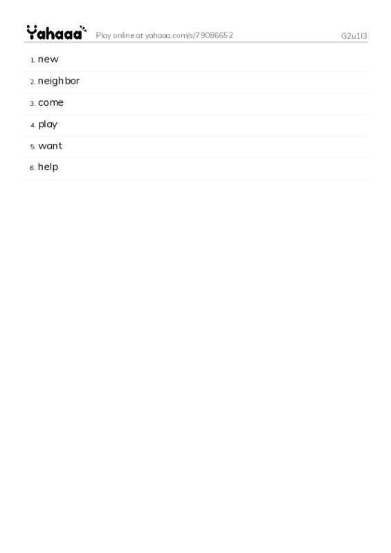 Word list with meanings worksheet for G2u1l3