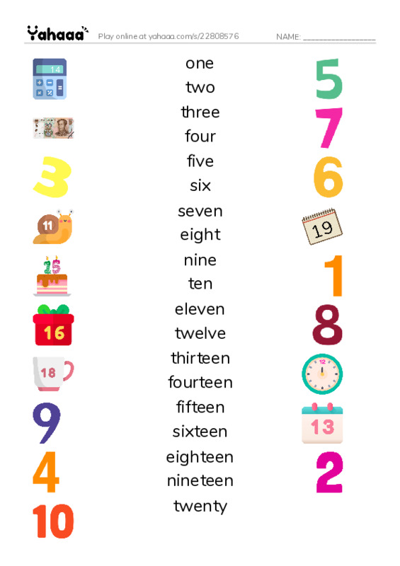 Match both sides worksheet for Number 1 - 20