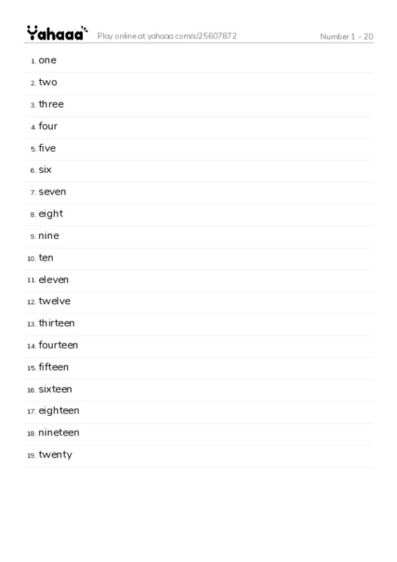 Word list with meanings worksheet for Number 1 - 20