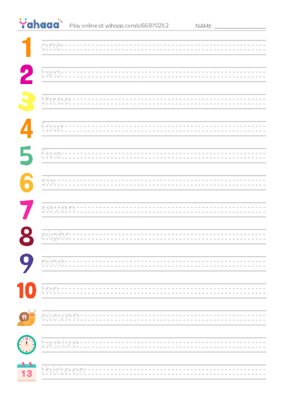 Handwriting lines worksheet for Number 1 - 20