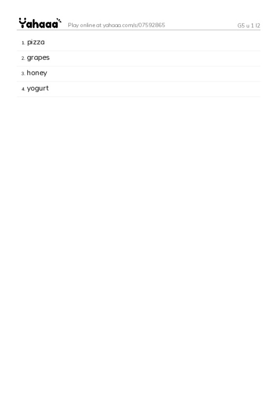 Word list with meanings worksheet for G5 u 1 l2