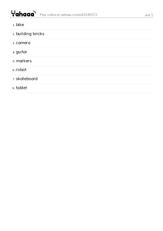 Word list with meanings worksheet for unit 1