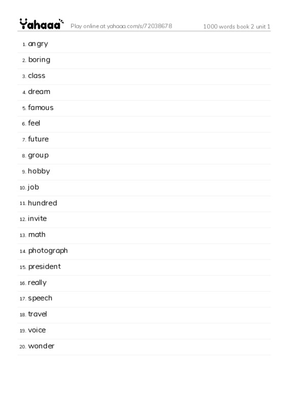 Word list with meanings worksheet for 1000 words book 2 unit 1