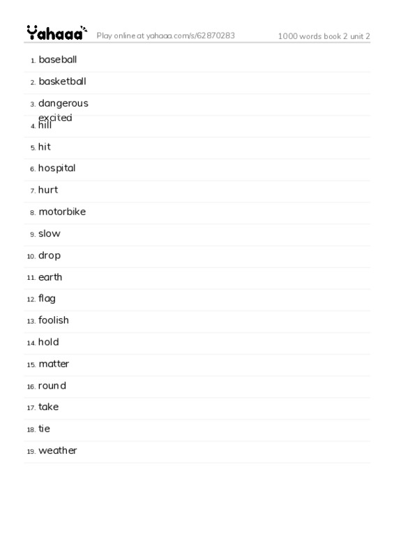 Word list with meanings worksheet for 1000 words book 2 unit 2