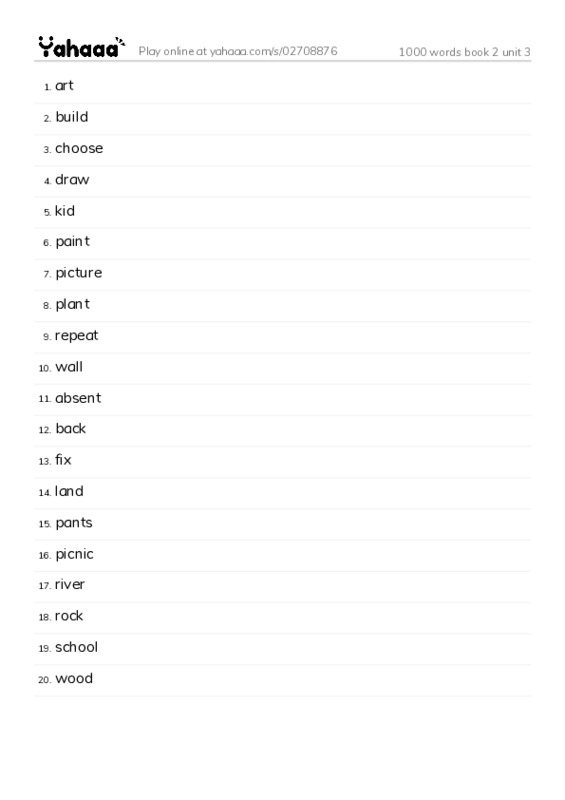Word list with meanings worksheet for 1000 words book 2 unit 3