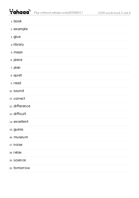 Word list with meanings worksheet for 1000 words book 2 unit 4