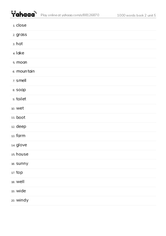 Word list with meanings worksheet for 1000 words book 2 unit 5