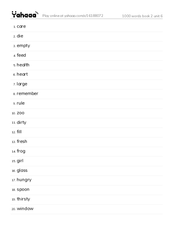 Word list with meanings worksheet for 1000 words book 2 unit 6