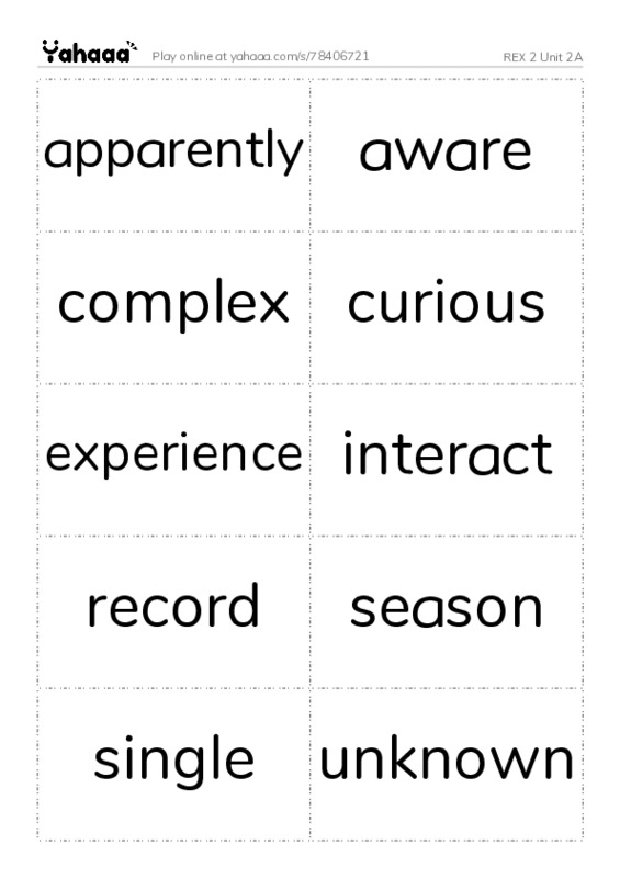Word flashcards worksheet for REX 2 Unit 2A