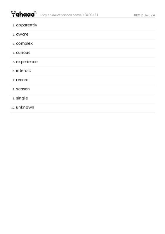 Word list with meanings worksheet for REX 2 Unit 2A