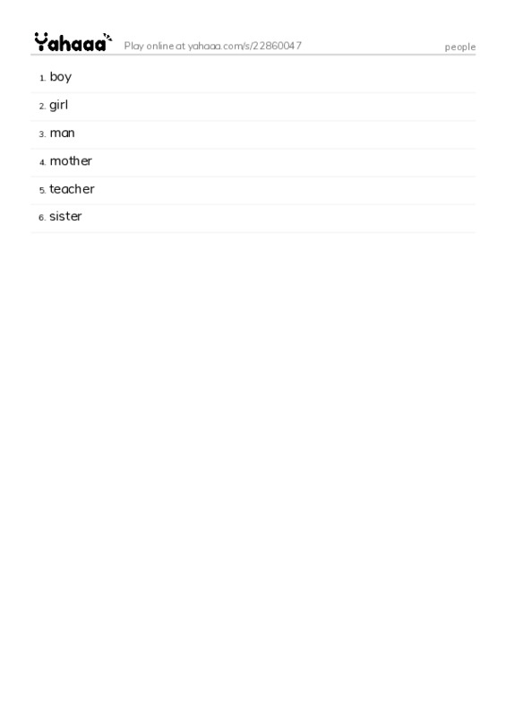 Word list with meanings worksheet for people