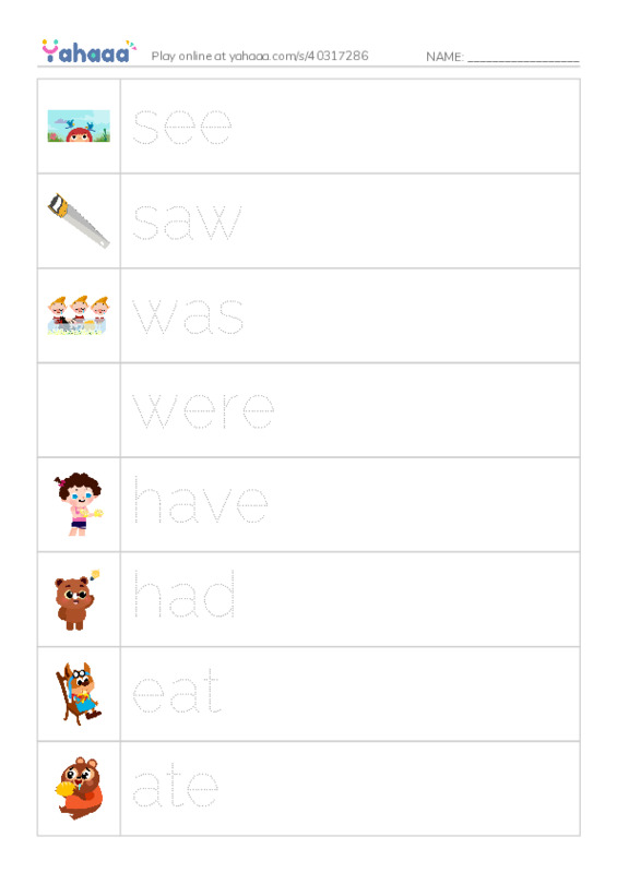Picture and word rows worksheet for Past words