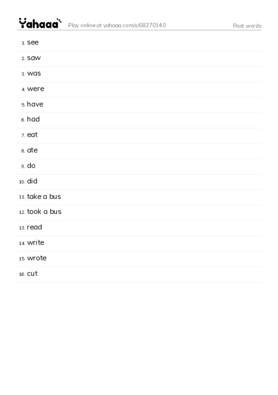 Word list with meanings worksheet for Past words