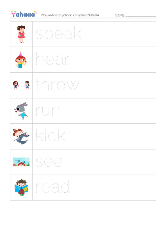 Picture and word rows worksheet for verbs2