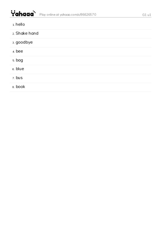 Word list with meanings worksheet for G1 u1
