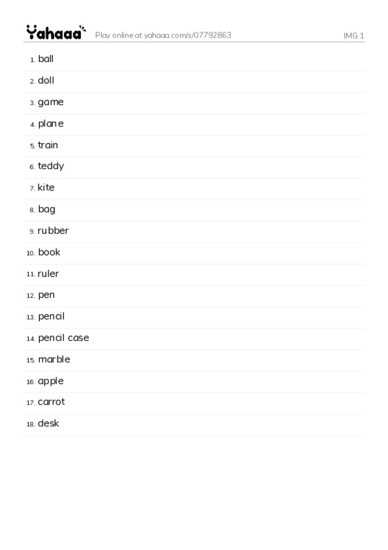 Word list with meanings worksheet for IMG 1